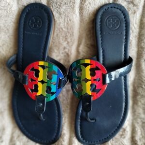 Tory Burch Miller Flip Flop Sandals Black Logo Thong Women's ~7 (9.5" Sole)